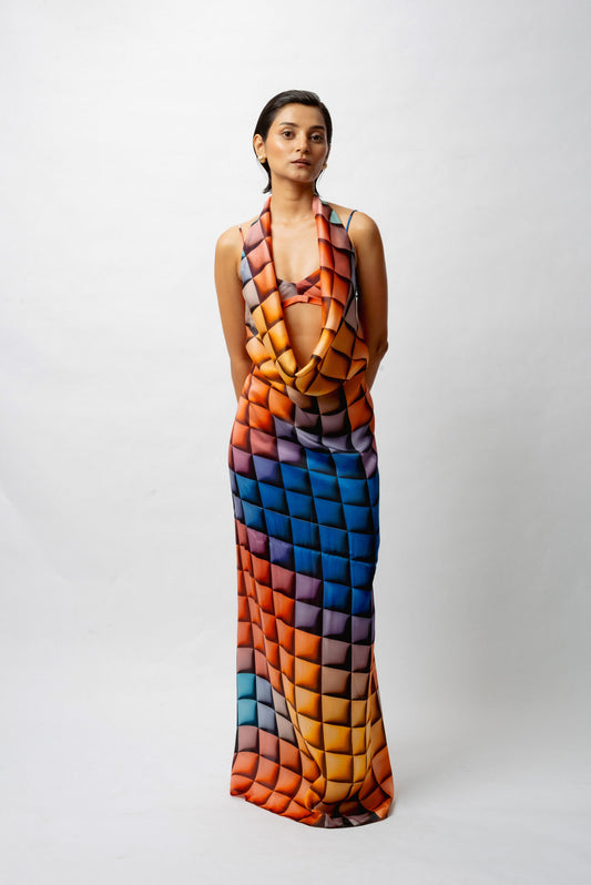 Multi-colored Satin Digital Printed Backless Dress_2