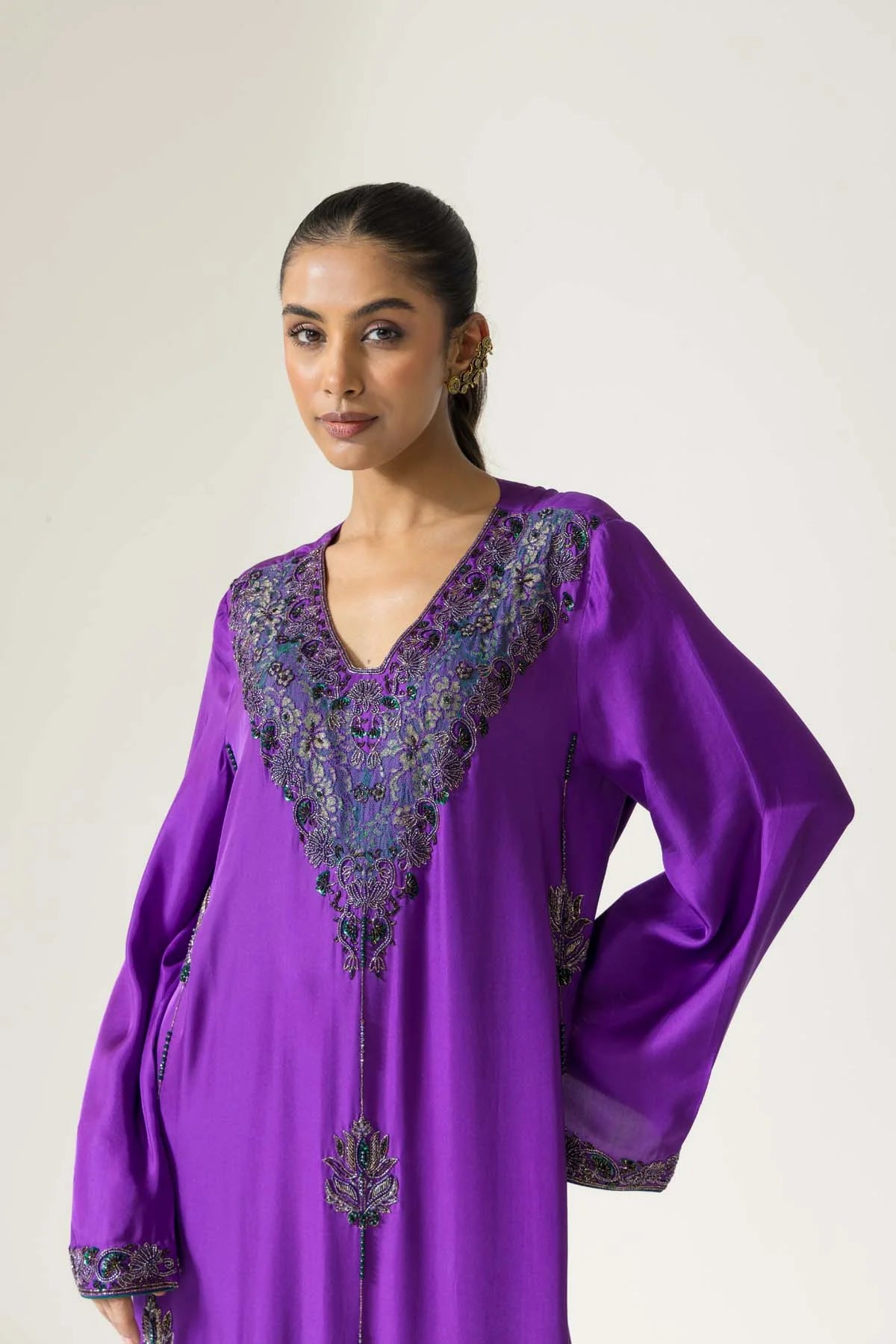 Orchid Hand Embroidered French lace Twill Silk Kaftaan