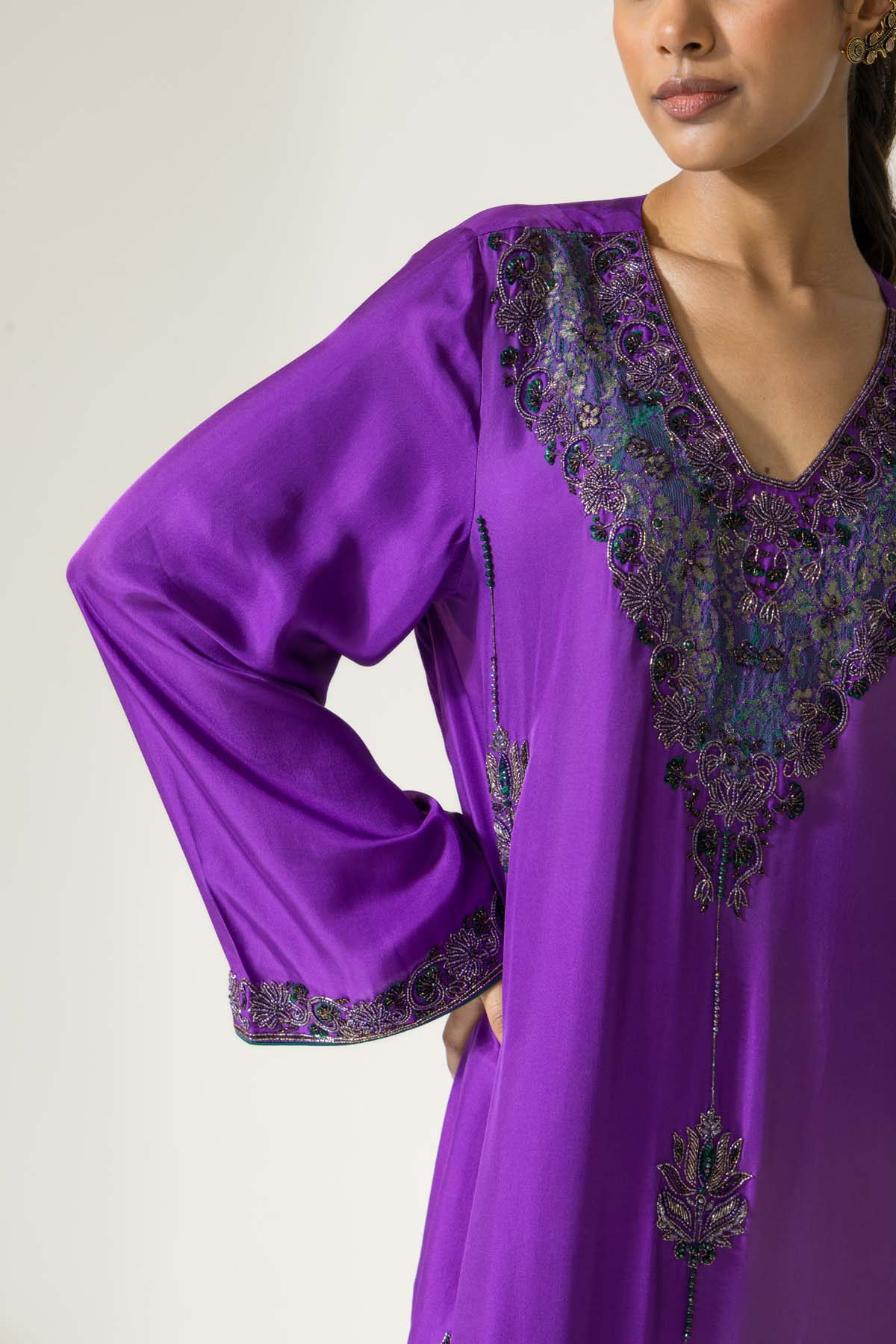 Orchid Hand Embroidered French lace Twill Silk Kaftaan