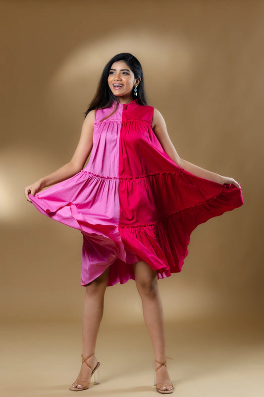 Dual Colored Italian Cotton Ruffled Short Dress