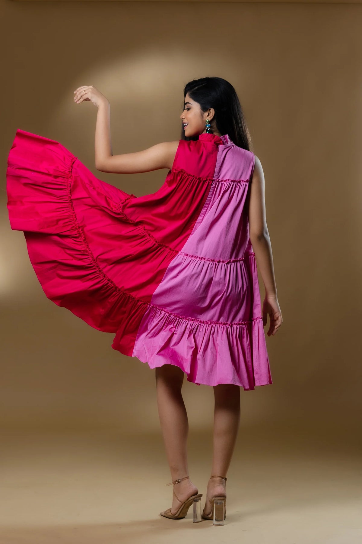 Dual Colored Italian Cotton Ruffled Short Dress