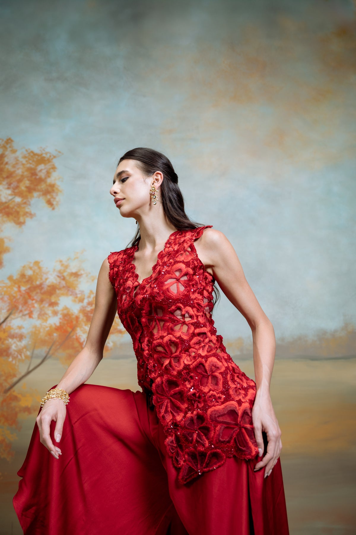 Embroidery Flowers With Cutdana Top Paired With Gharara