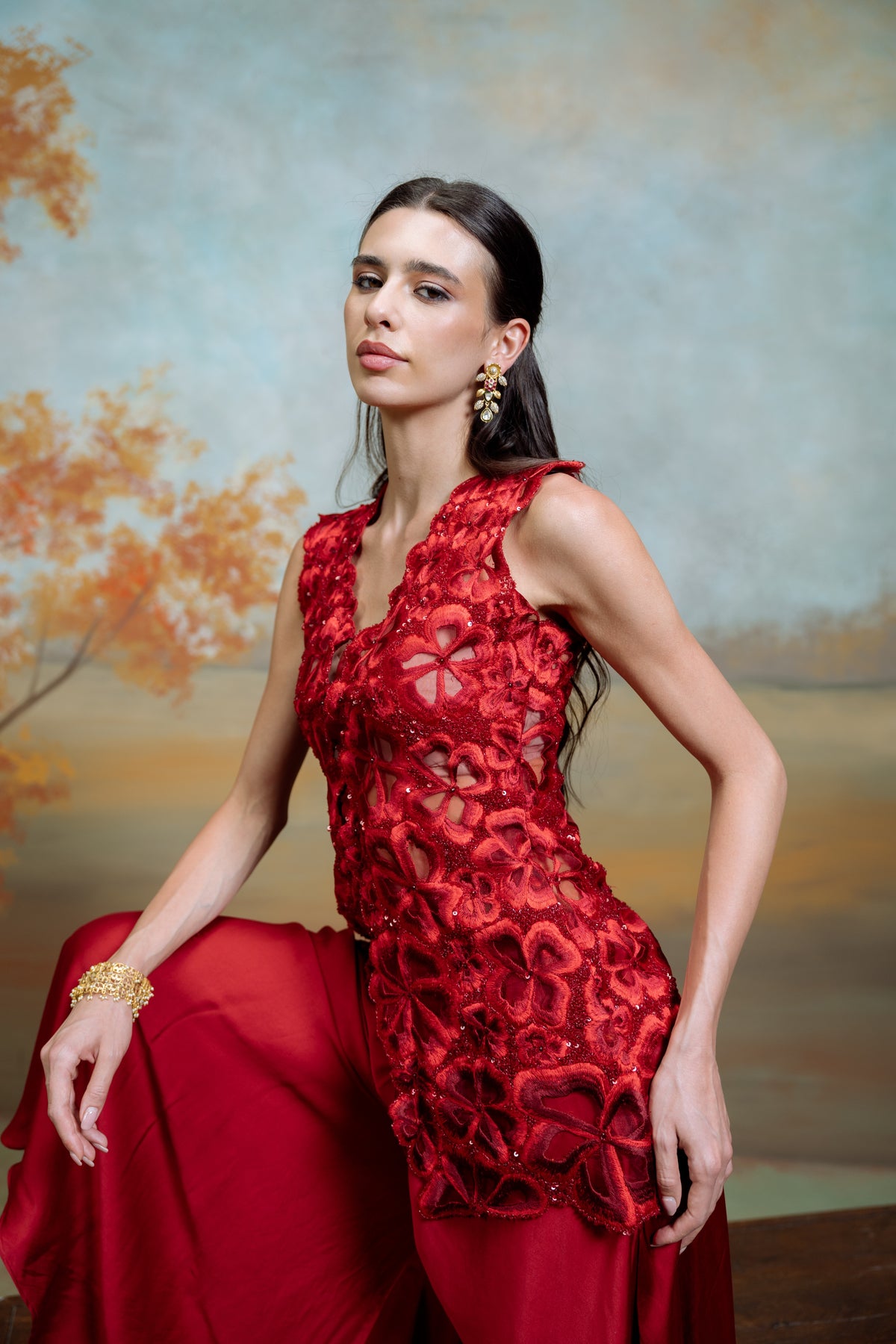 Embroidery Flowers With Cutdana Top Paired With Gharara