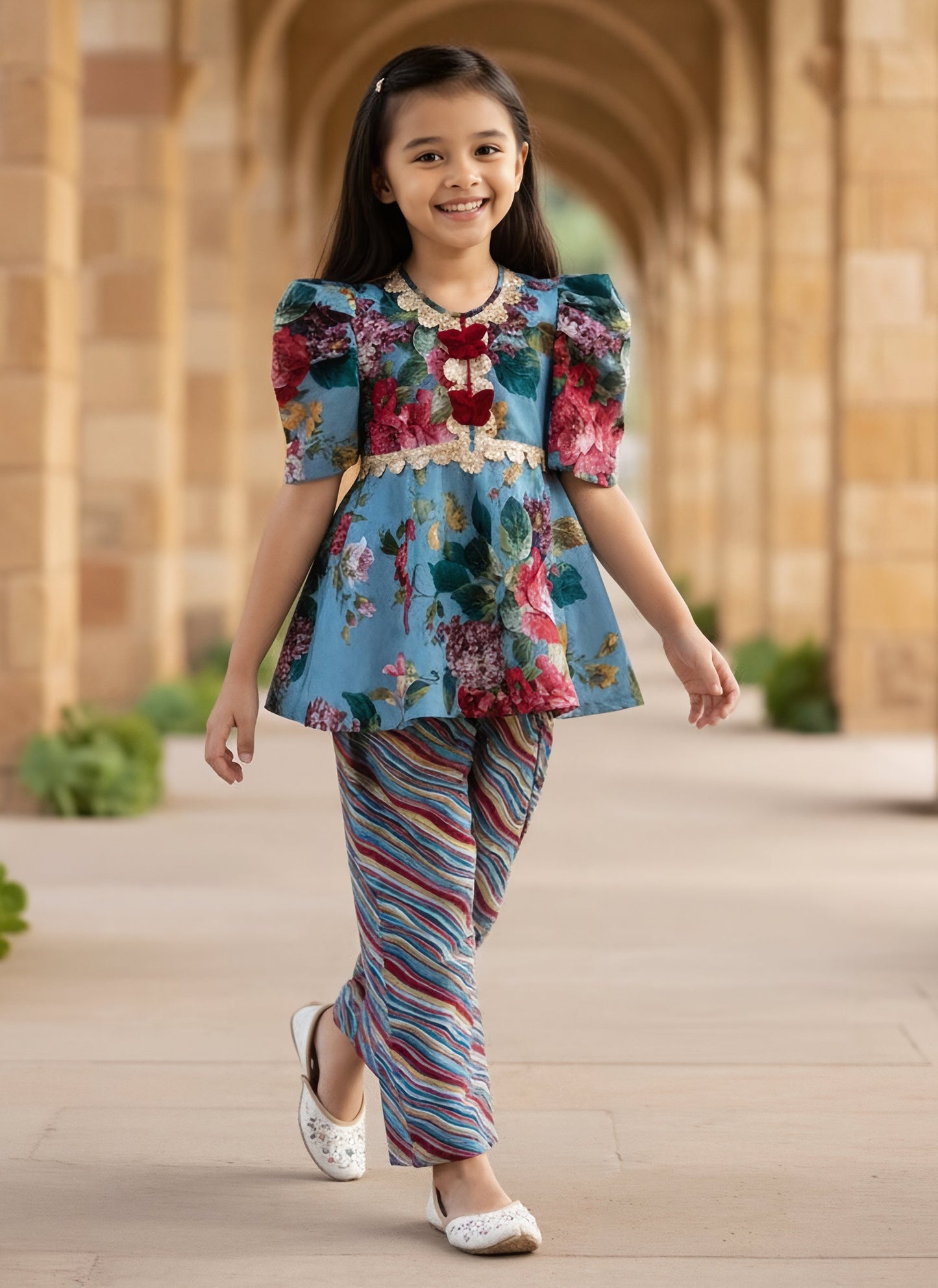 Blue Printed Peplum Kurti with Plazo
