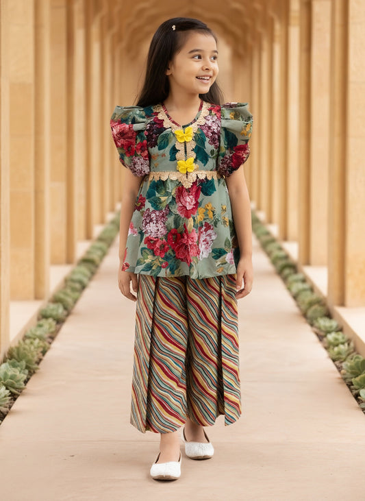 Green Printed Peplum Kurti with Plazo