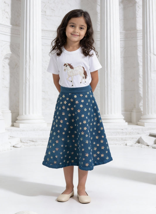 White Embroidered T-Shirt with Demin Skirt