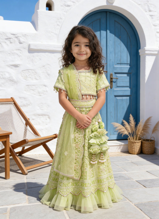Green Thread Lehenga for Girls