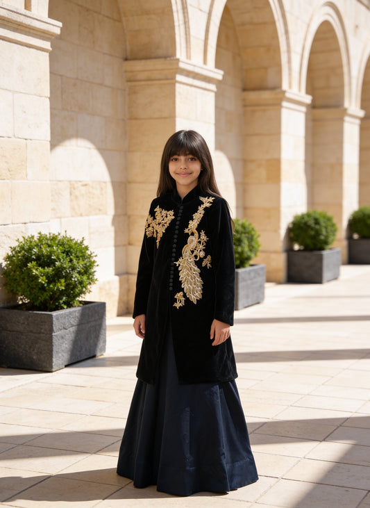 Black Embroidered Long Jacket with Lehenga