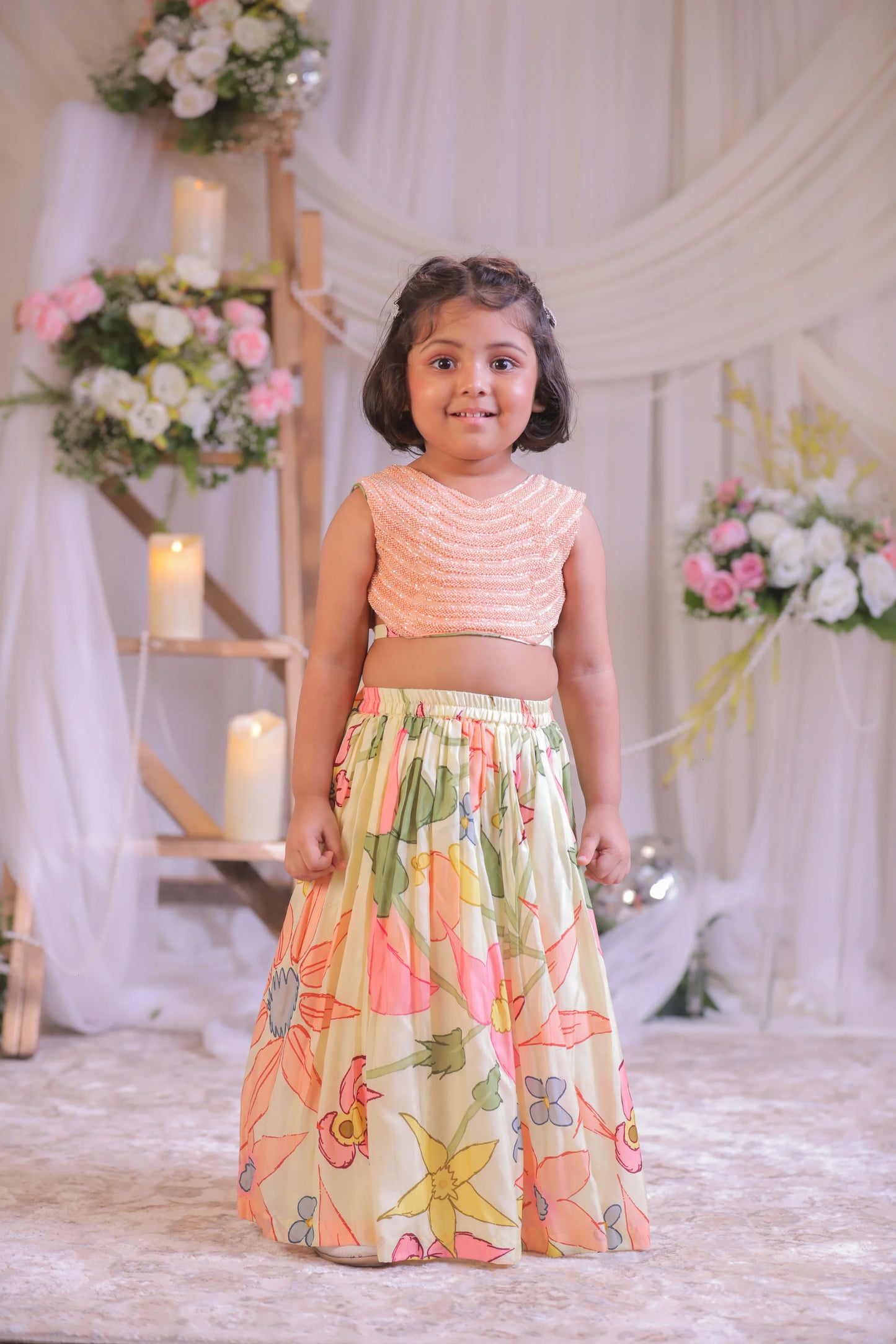 Floral Printed Peach Kutdana Ghaghra