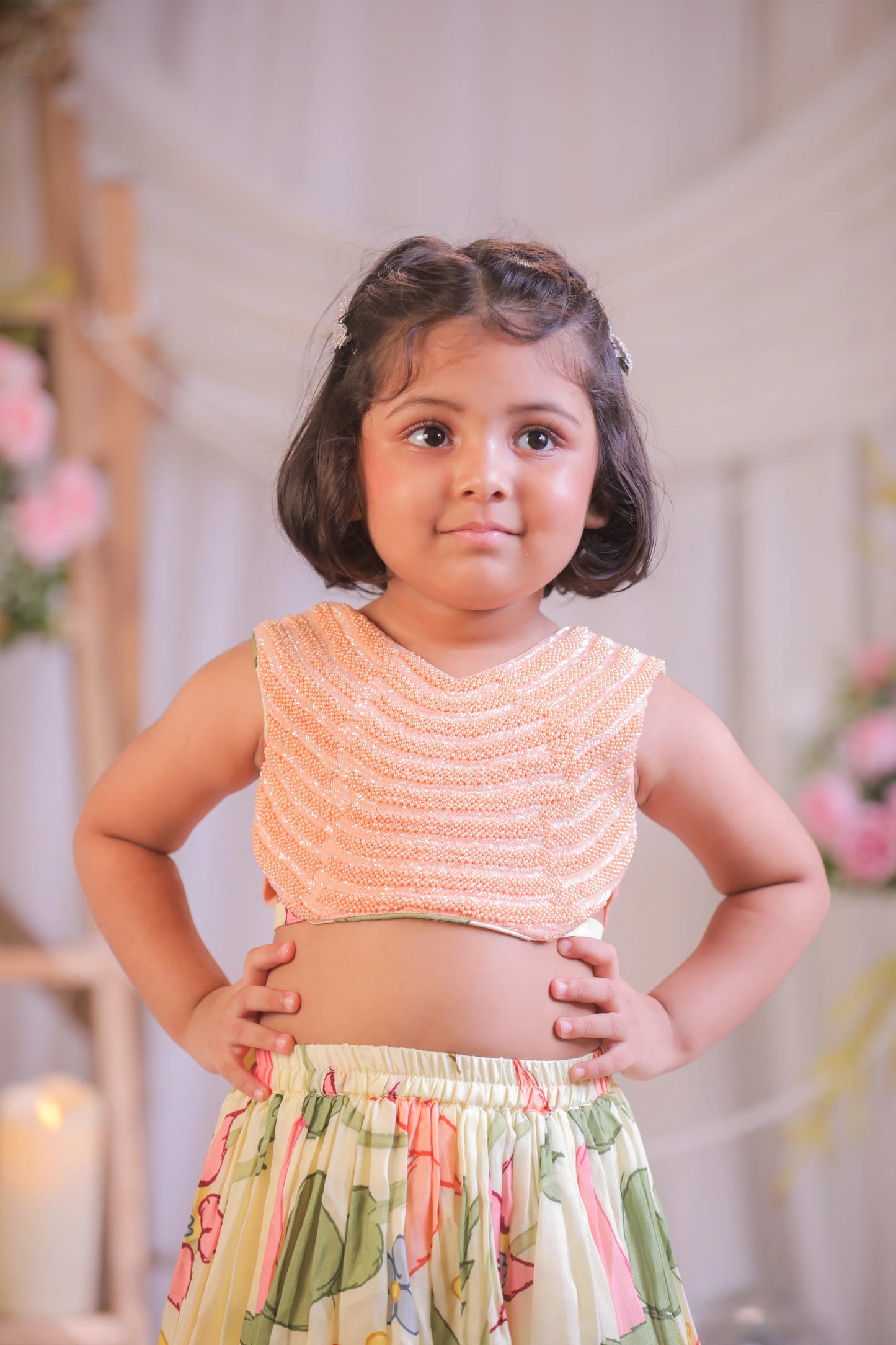 Floral Printed Peach Kutdana Ghaghra