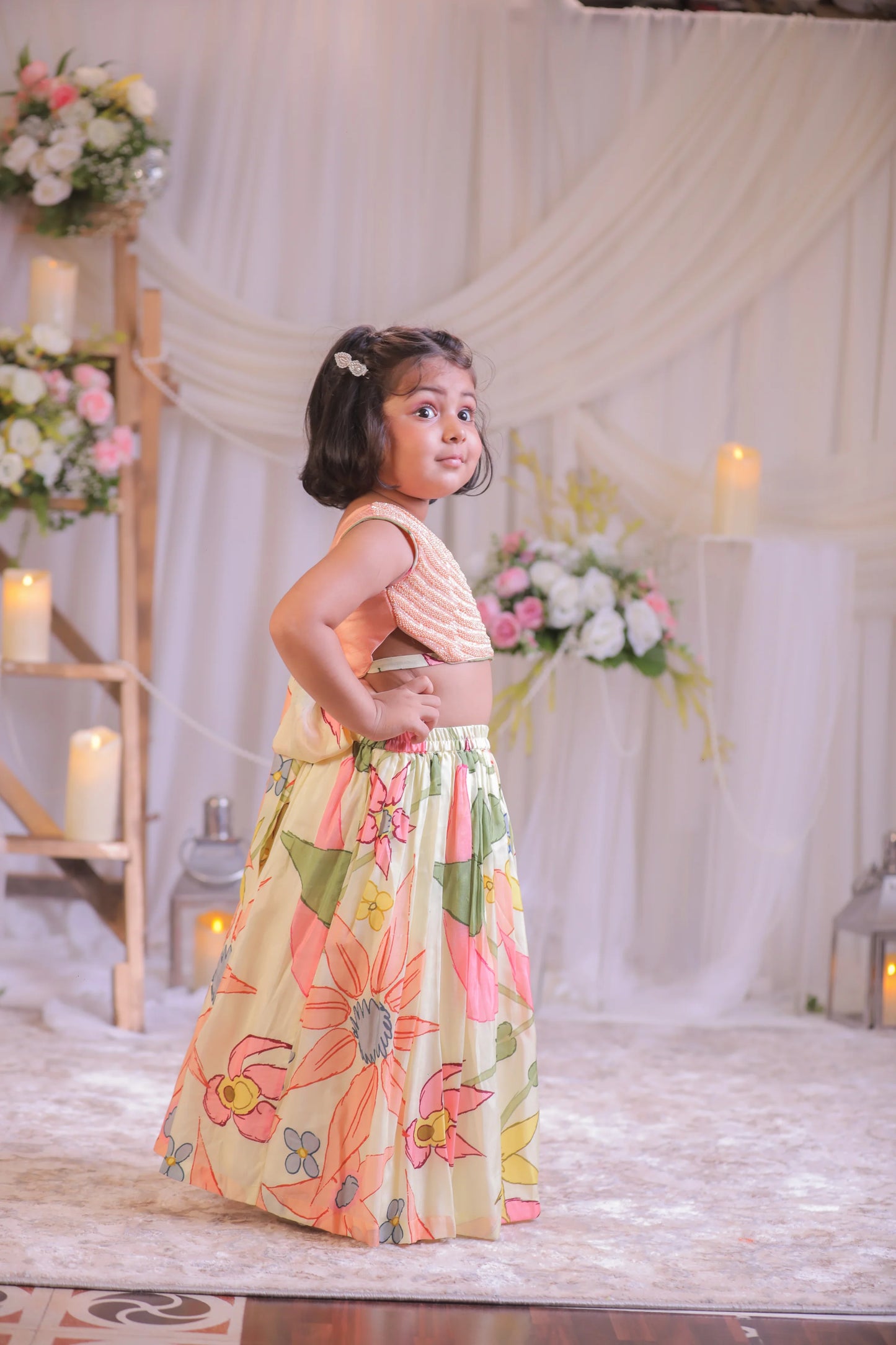 Floral Printed Peach Kutdana Ghaghra