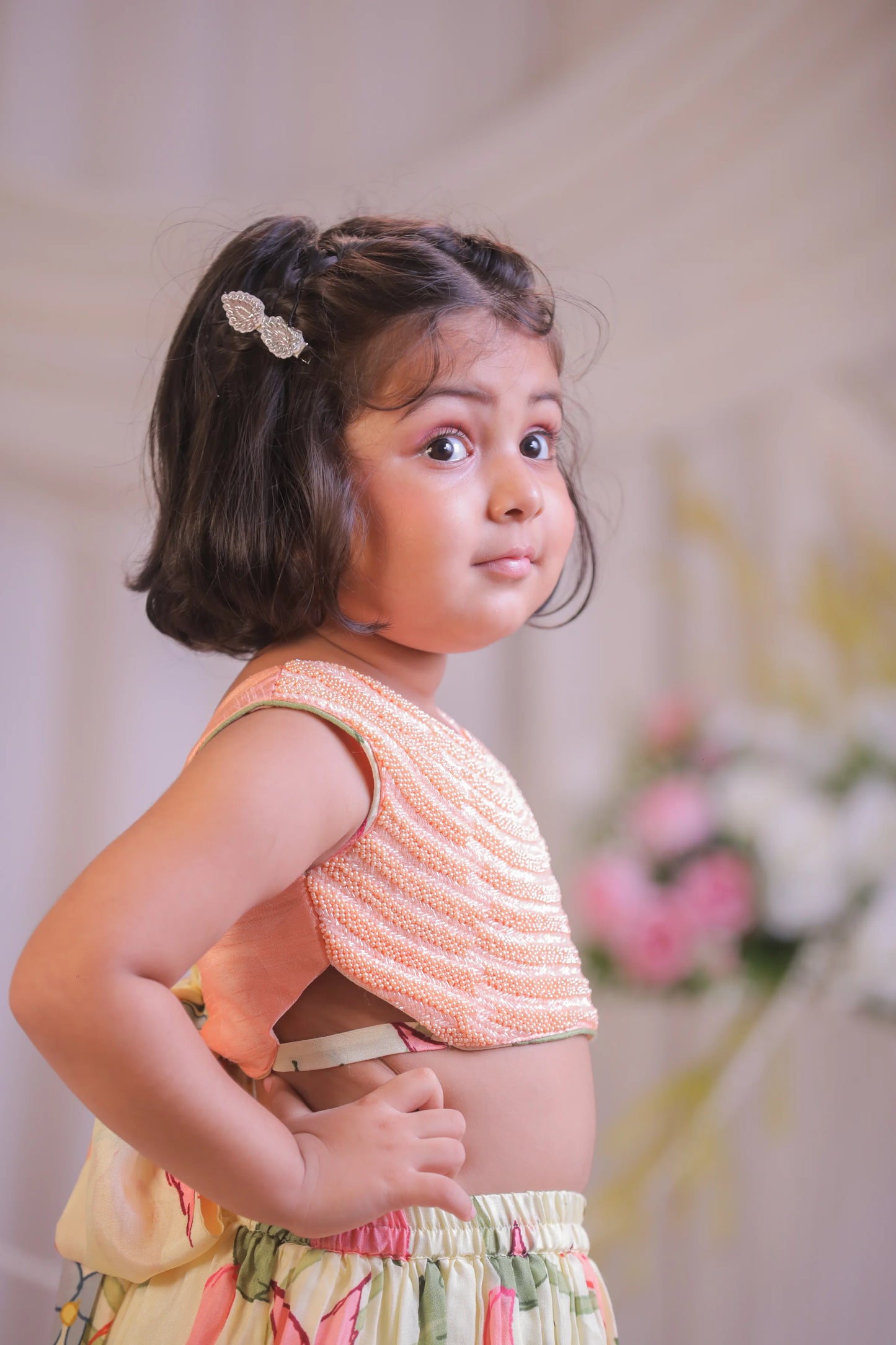 Floral Printed Peach Kutdana Ghaghra