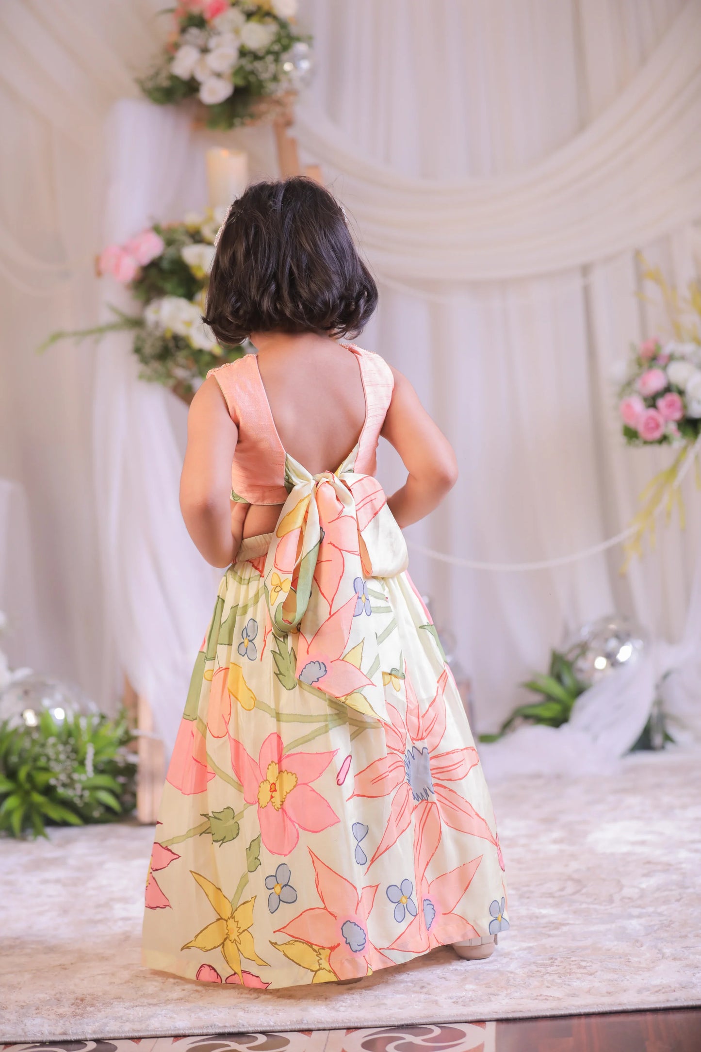 Floral Printed Peach Kutdana Ghaghra