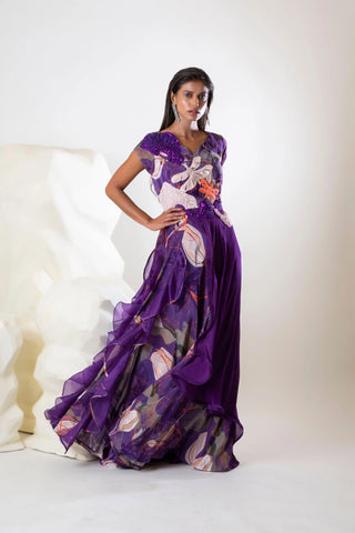 Printed Embroidered Ruffle Gown