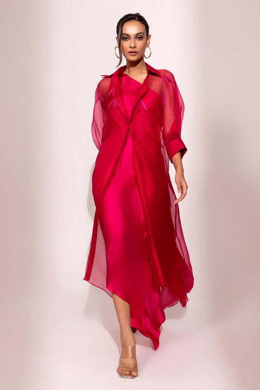 Fuchsia Satin Gown with Sheer Overlay
