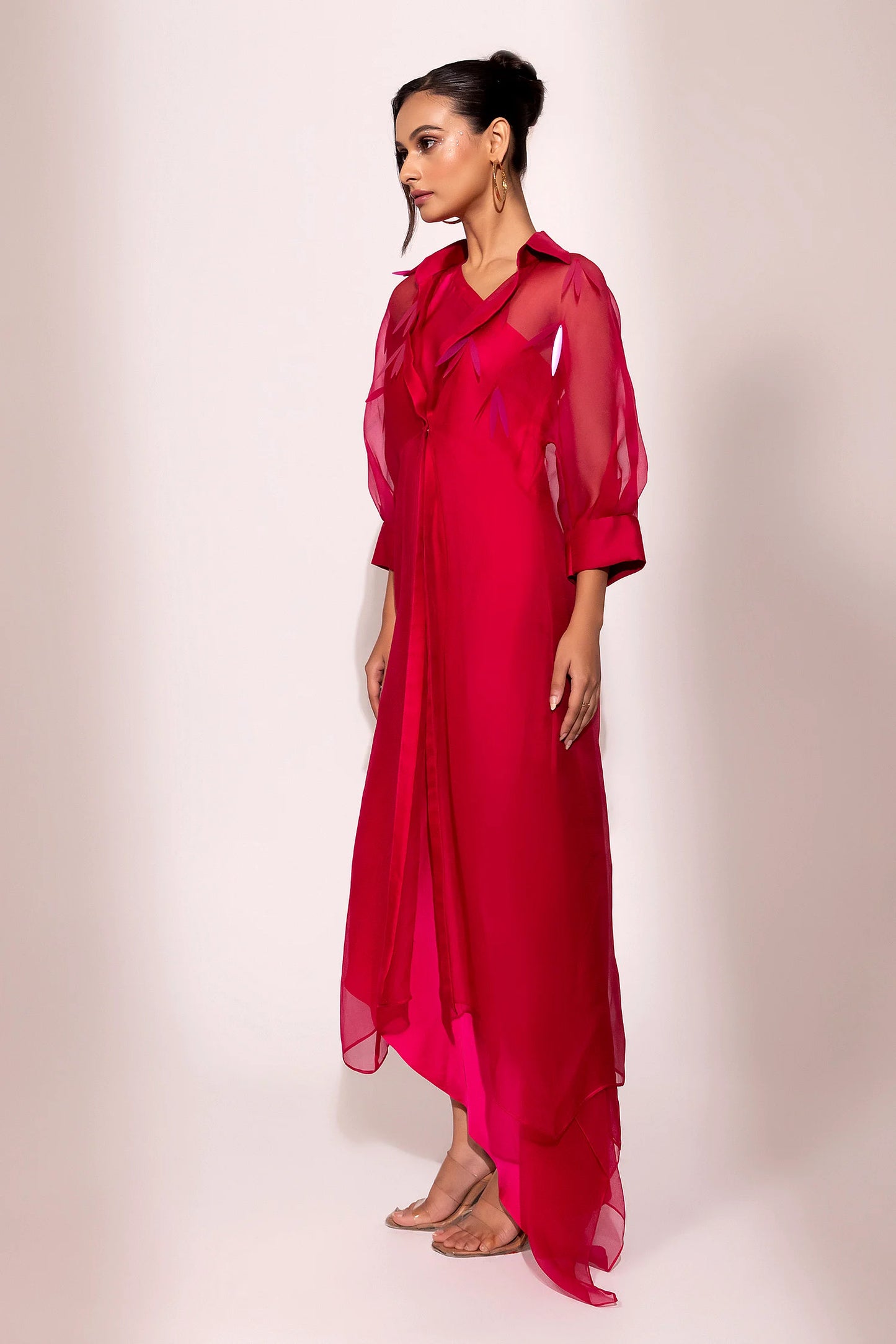 Fuchsia Satin Gown with Sheer Overlay