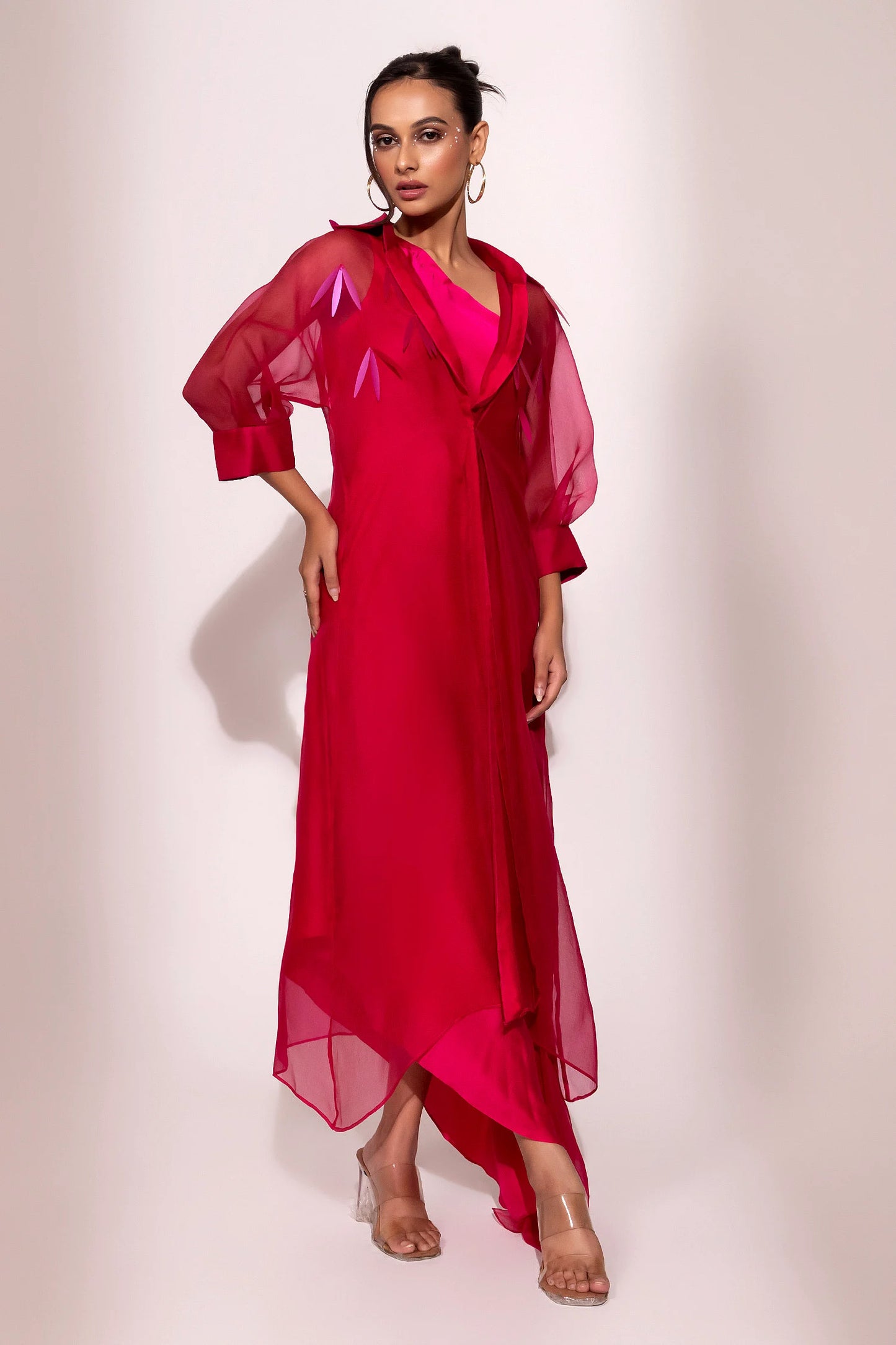 Fuchsia Satin Gown with Sheer Overlay