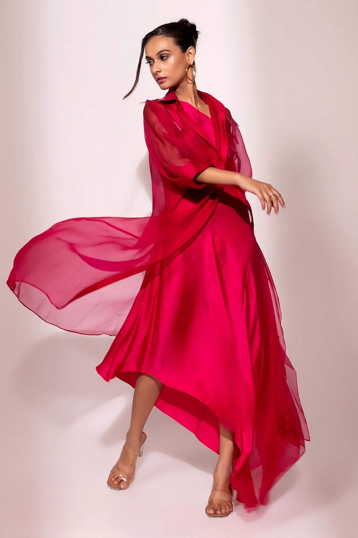 Fuchsia Satin Gown with Sheer Overlay
