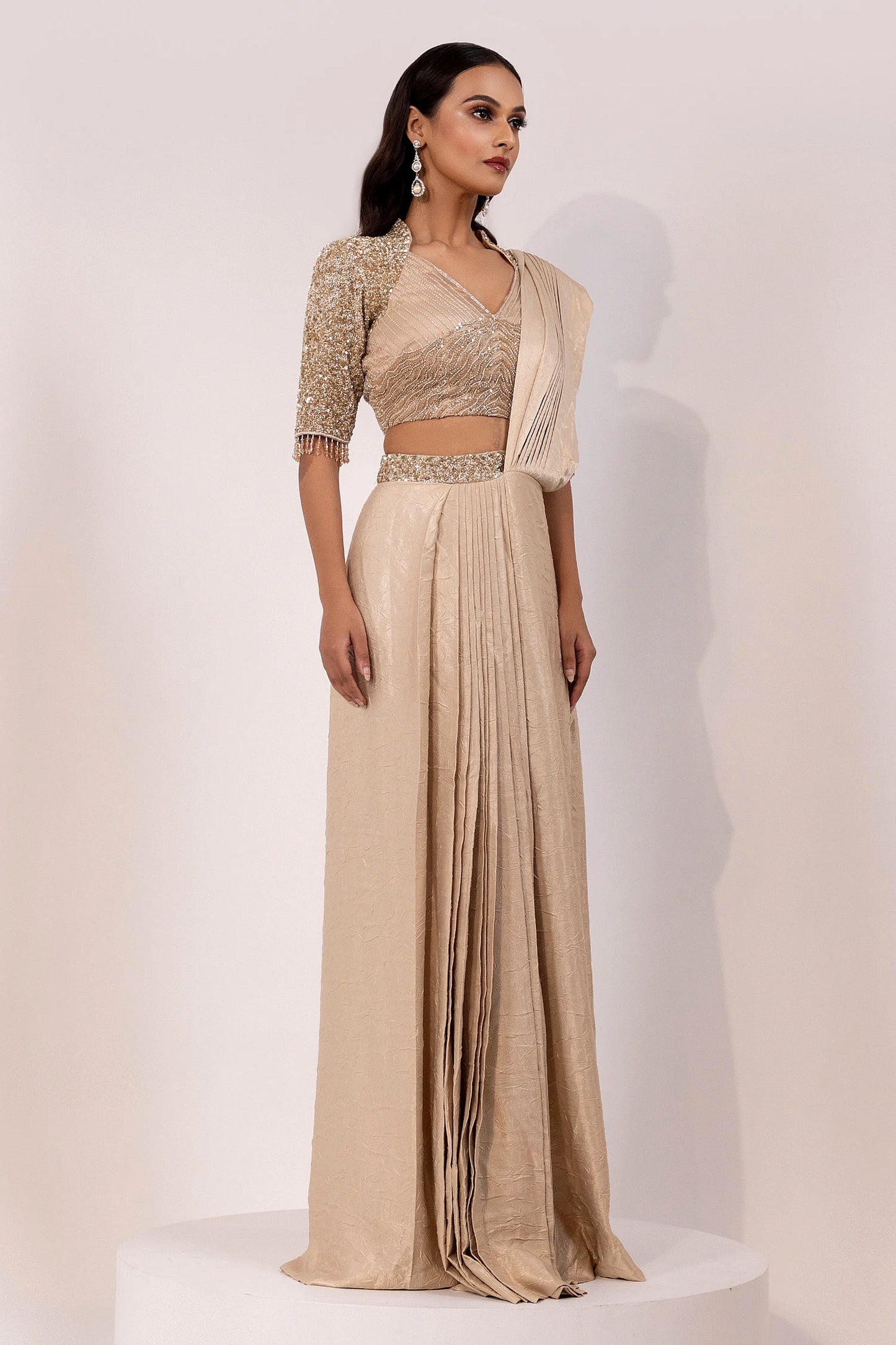 Gold Sequin Embellished Blouse with Matching Saree