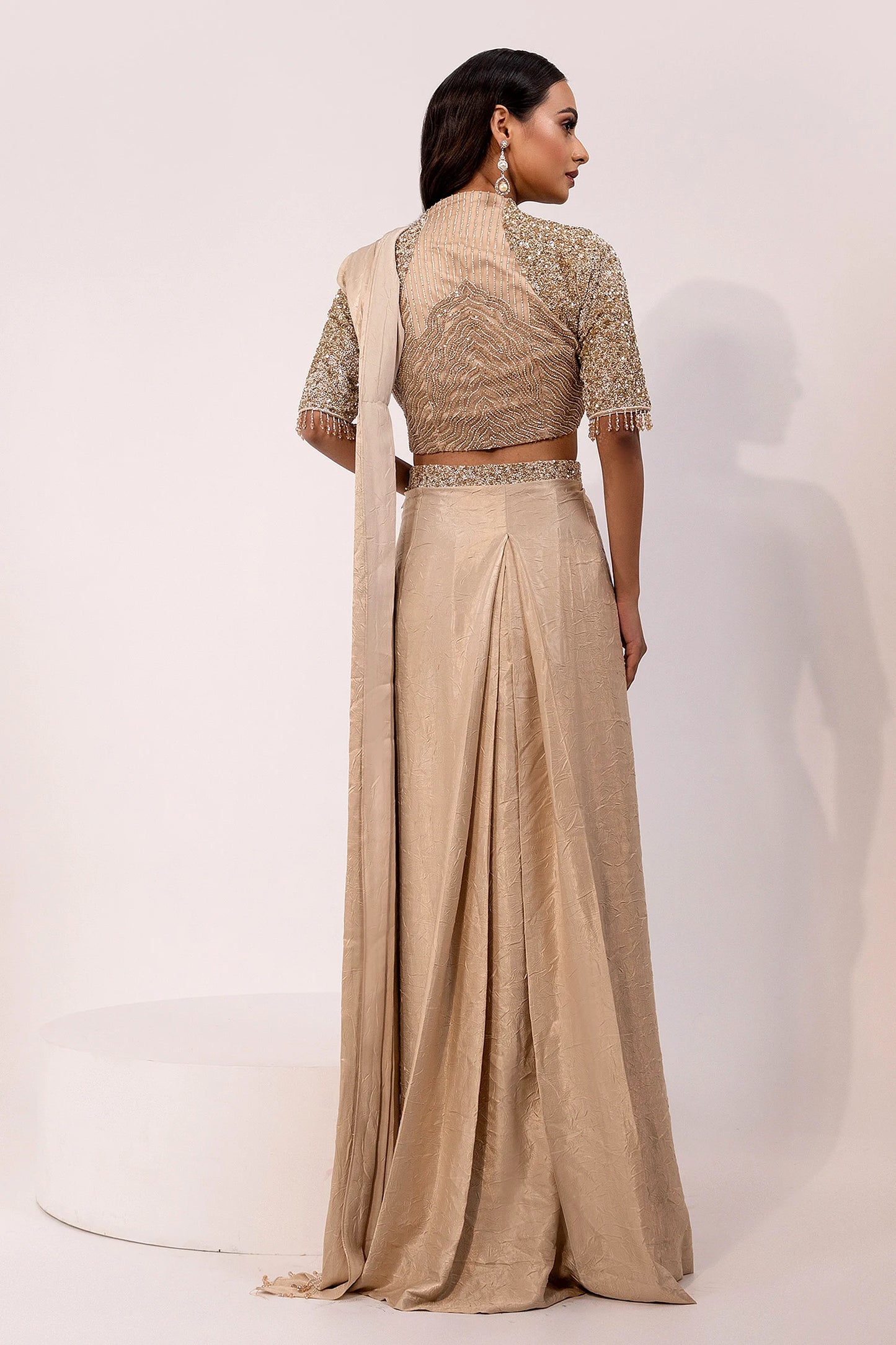Gold Sequin Embellished Blouse with Matching Saree