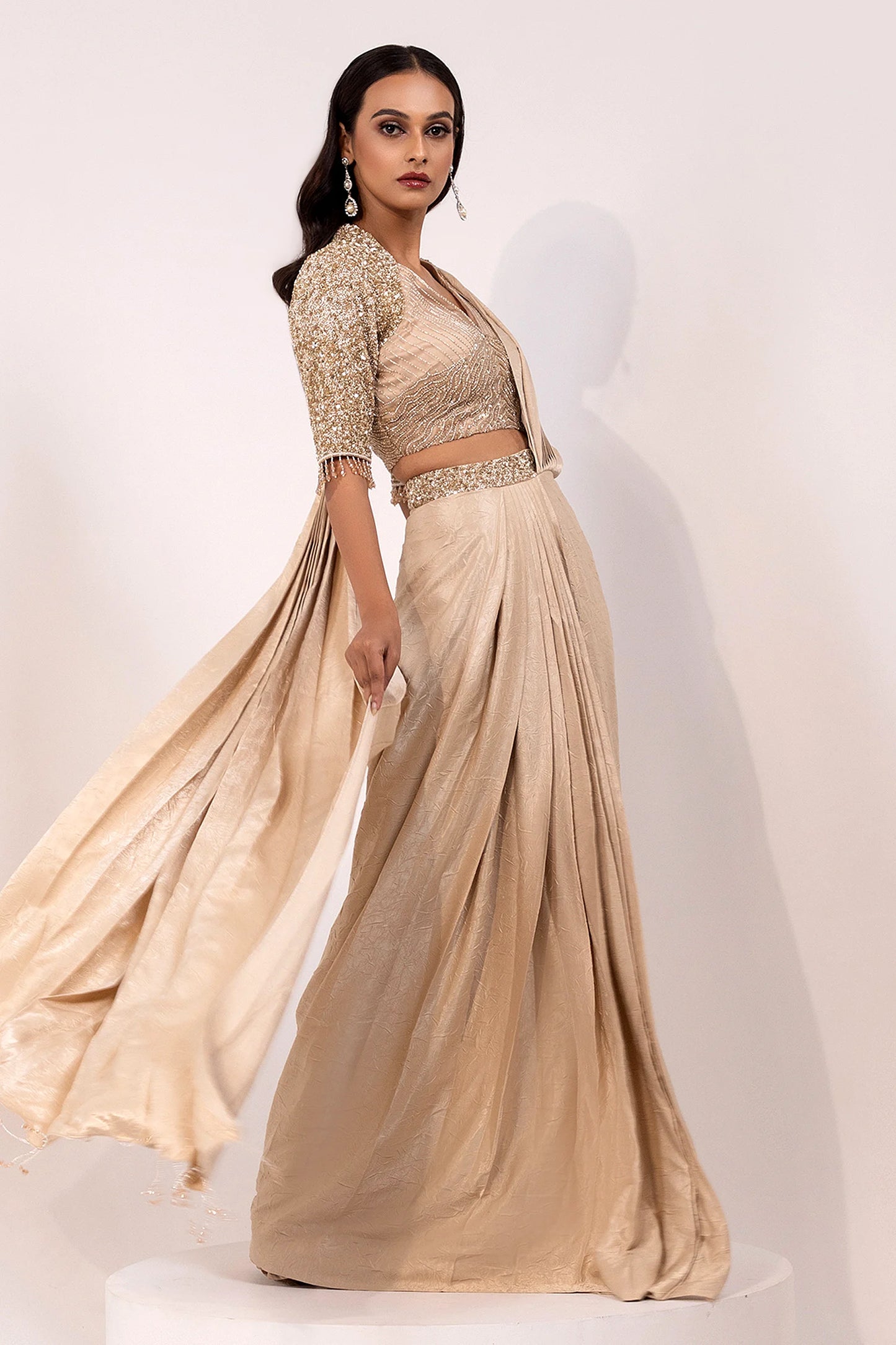 Gold Sequin Embellished Blouse with Matching Saree