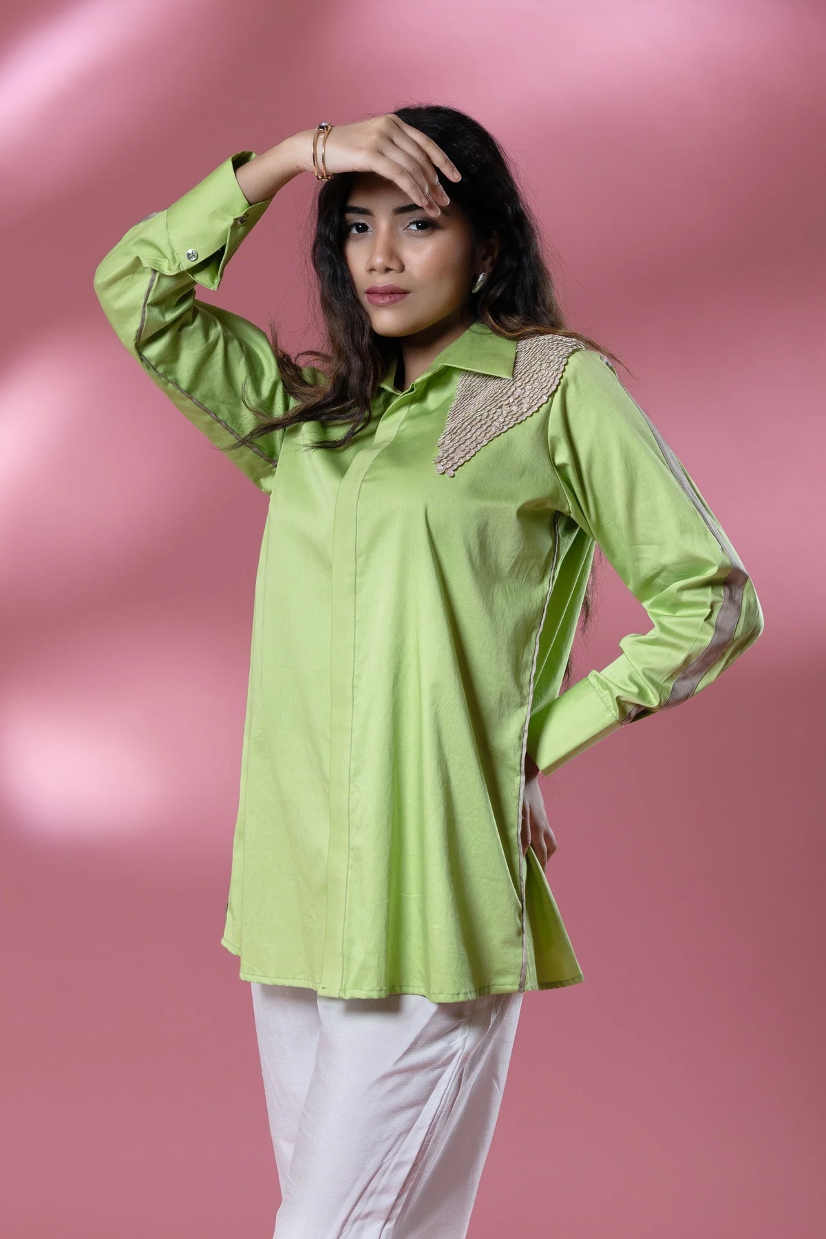Green Italian Cotton Sequin Patch Shirt