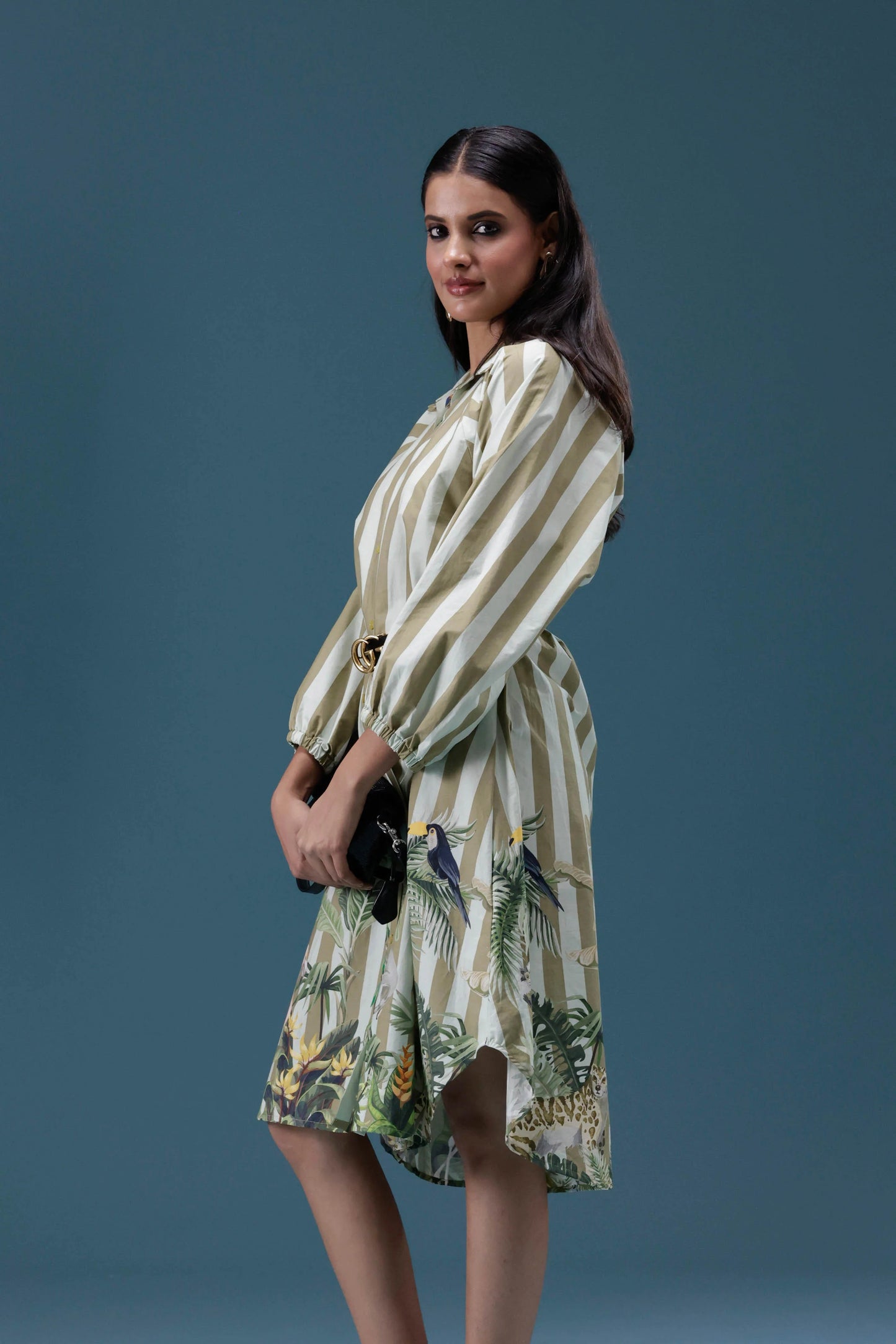 Green Stripe Printed Shirt Dress