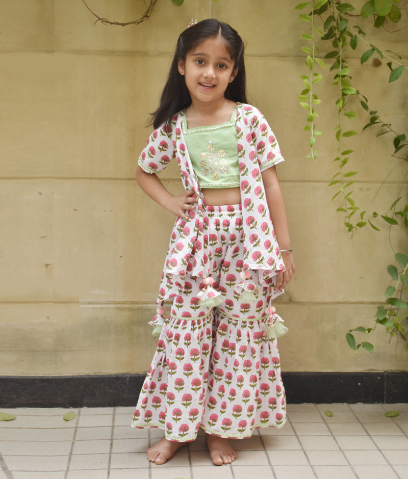 Green Embroidery Top with Printed Sharara