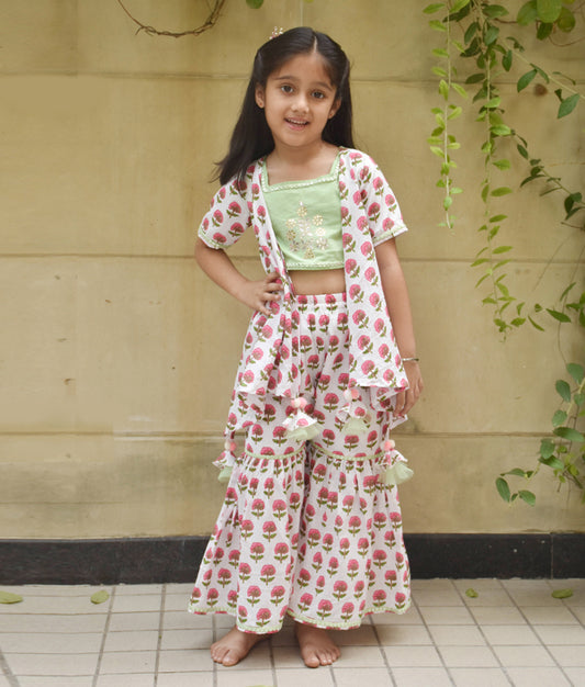 Green Embroidery Top with Printed Sharara