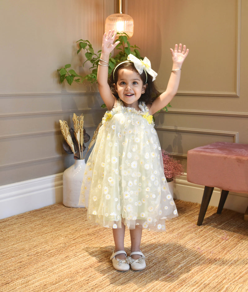Green Flower Print Net Dress for Girls