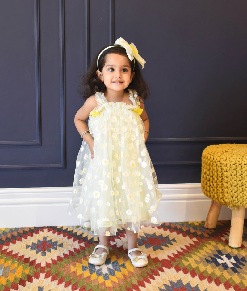 Green Flower Print Net Dress for Girls