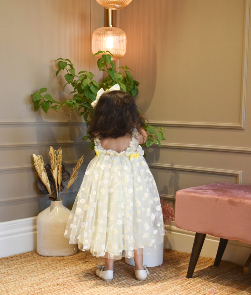 Green Flower Print Net Dress for Girls