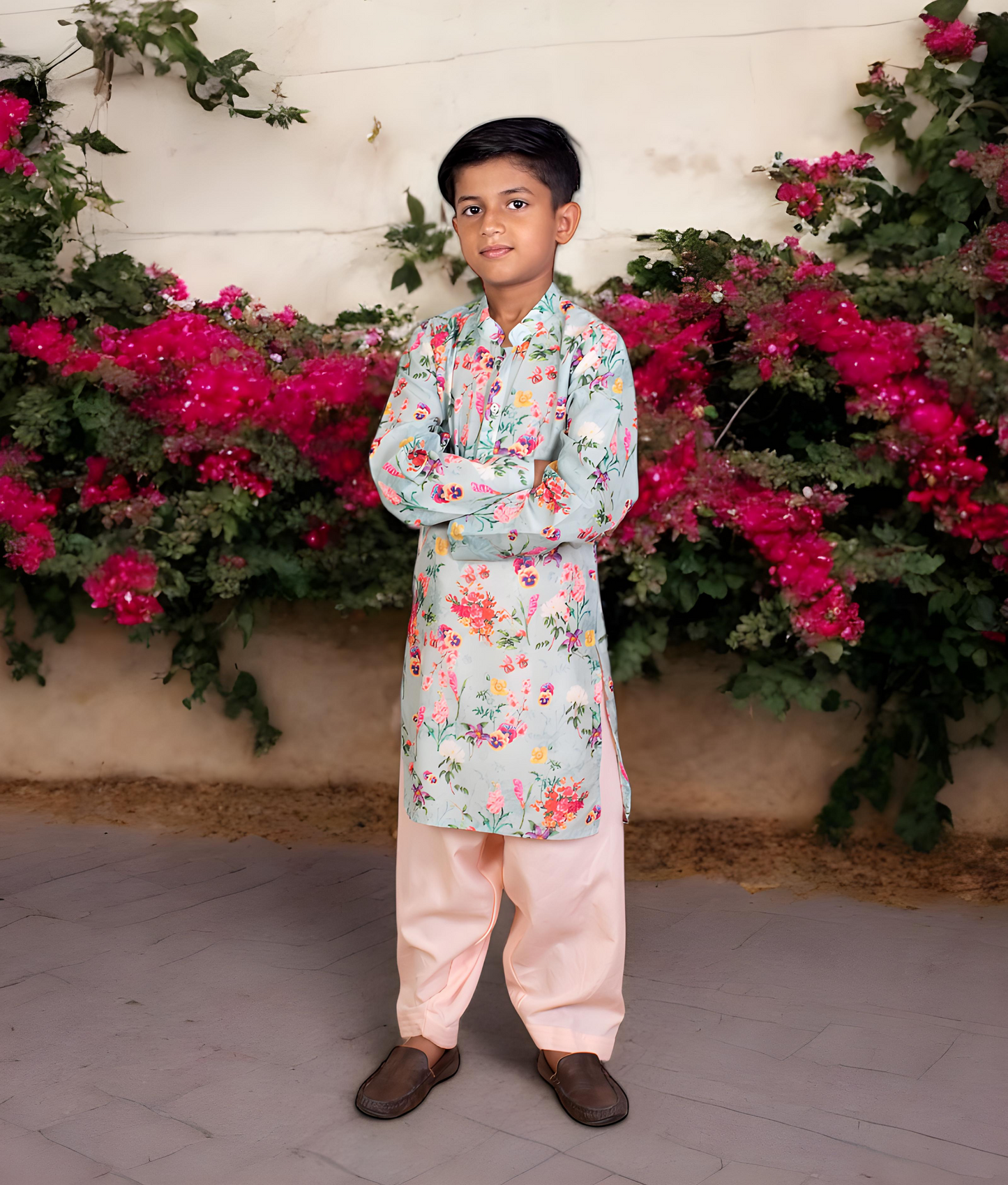 Green Printed Kurta with Salwar for Boys