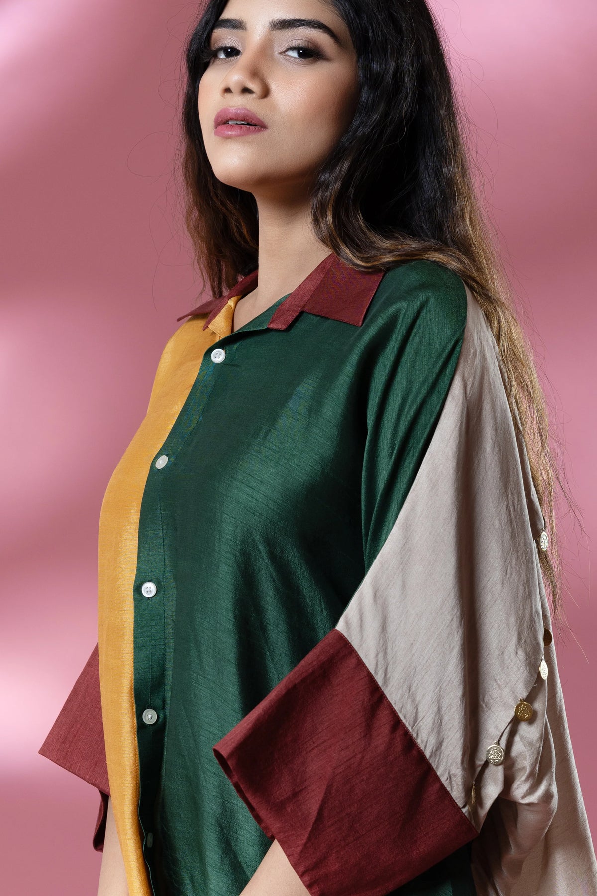 Bemberg Silk Boho Stamp Coin Oversized Shirt