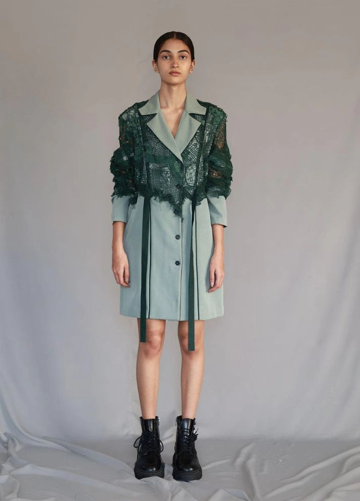 Green map embroidery coat dress