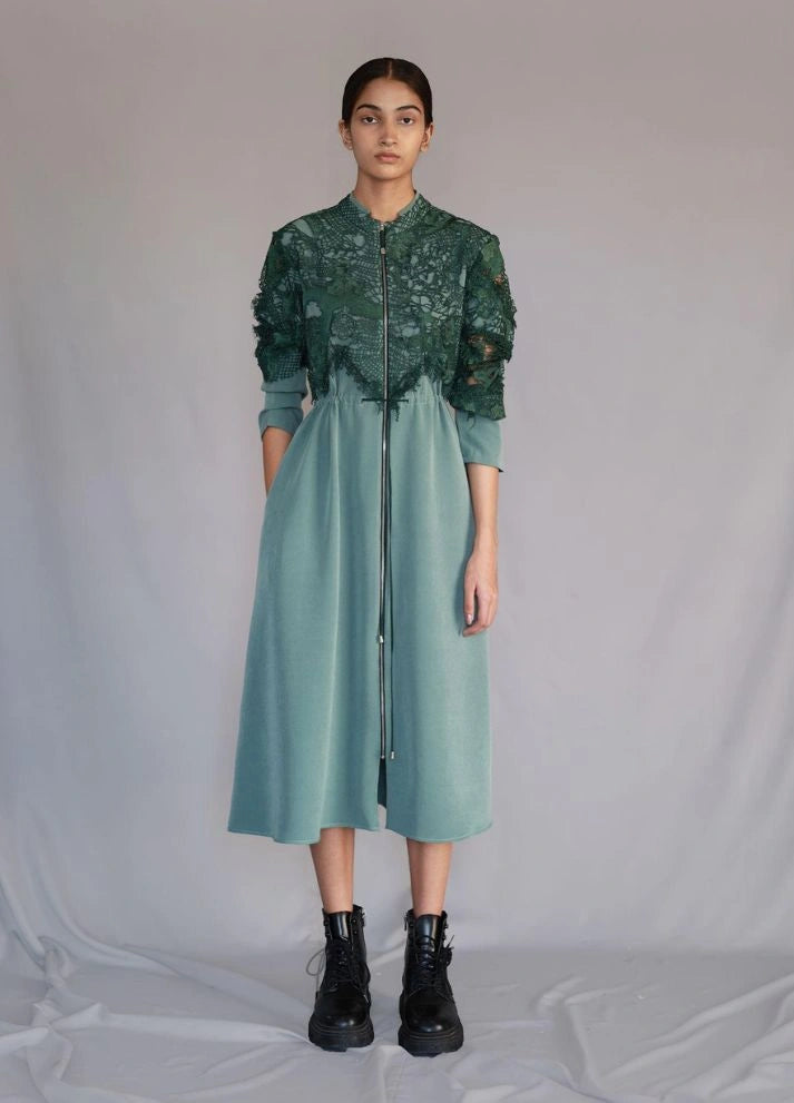 Green map embroidery long dress
