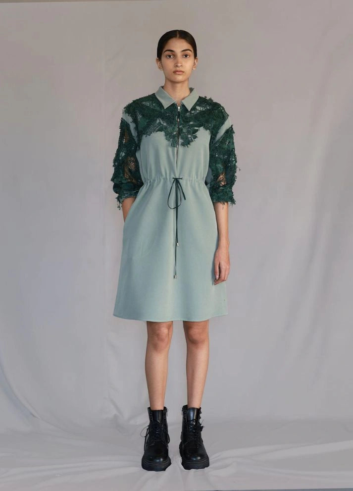 Green map embroidery short dress