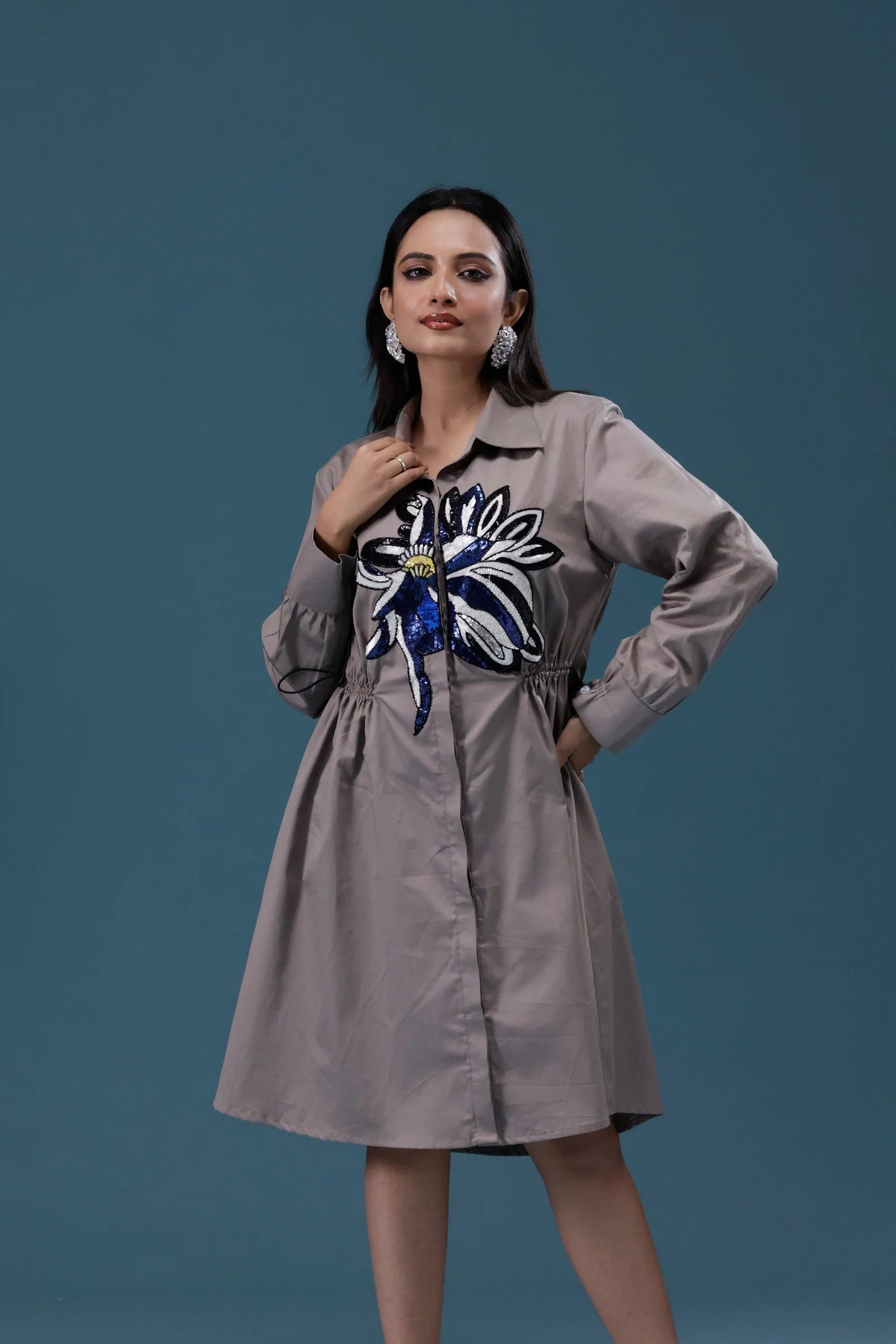 Grey Big Sequin Patch Shirt Dress