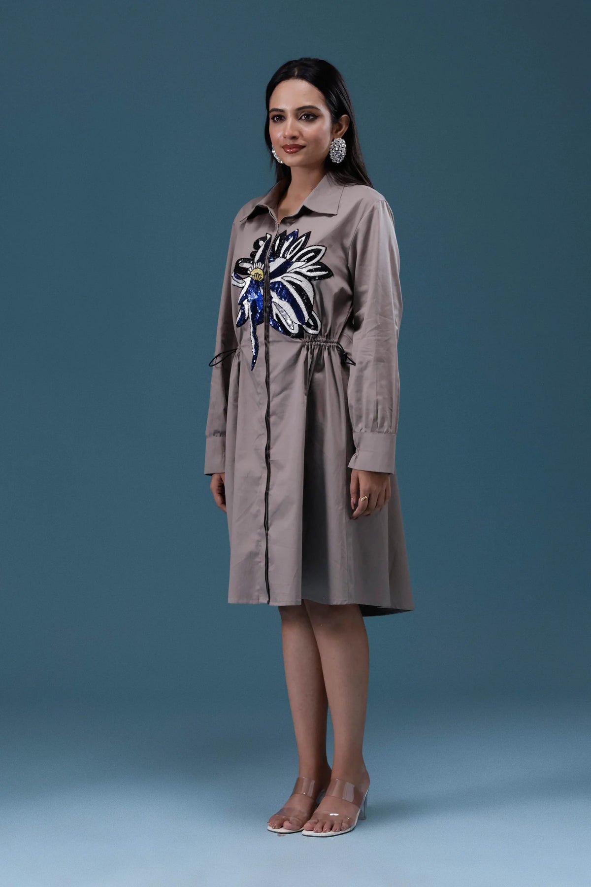 Grey Big Sequin Patch Shirt Dress
