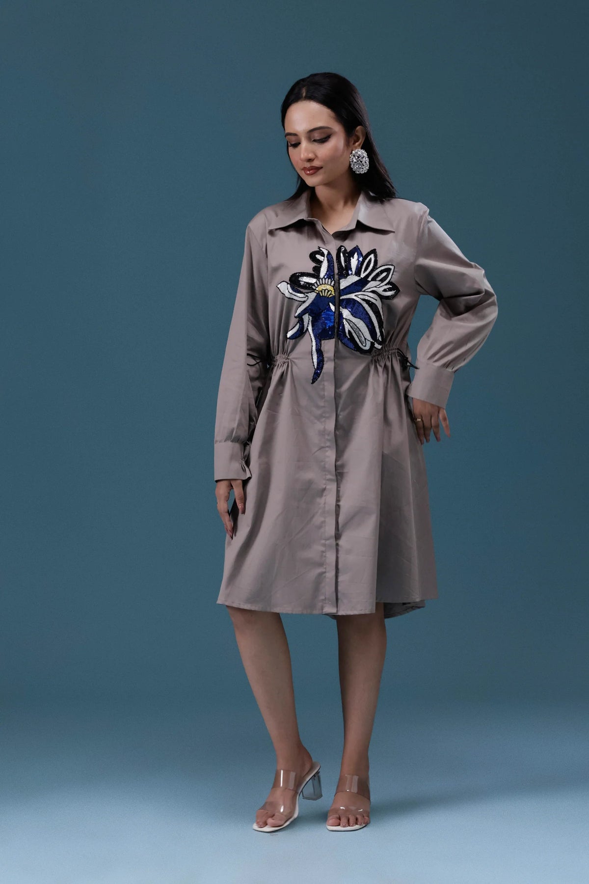 Grey Big Sequin Patch Shirt Dress
