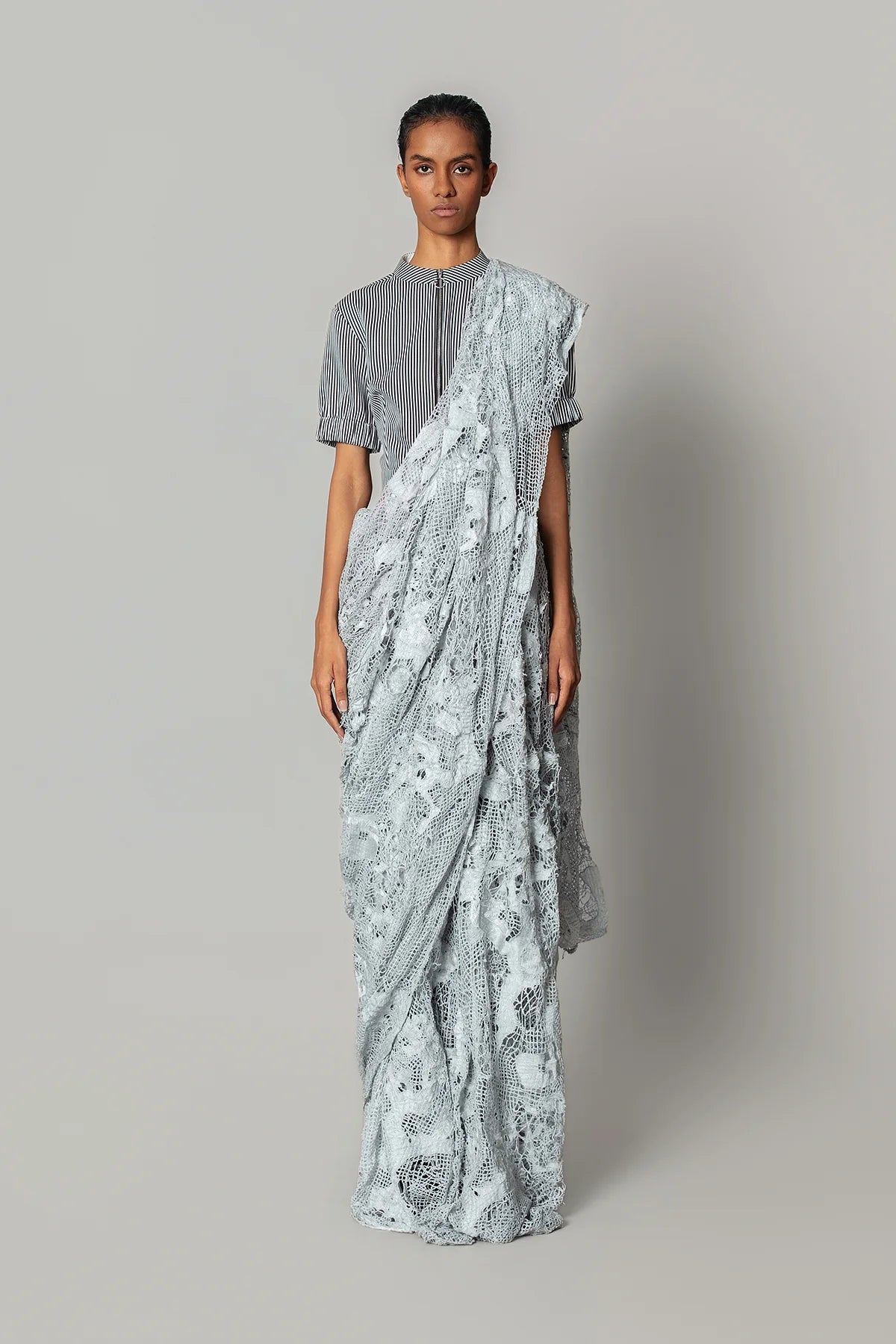 Grey Map Saree With Strip Blouse