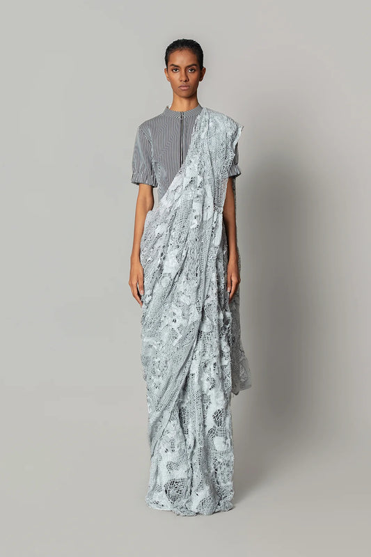 Grey Map Saree With Strip Blouse