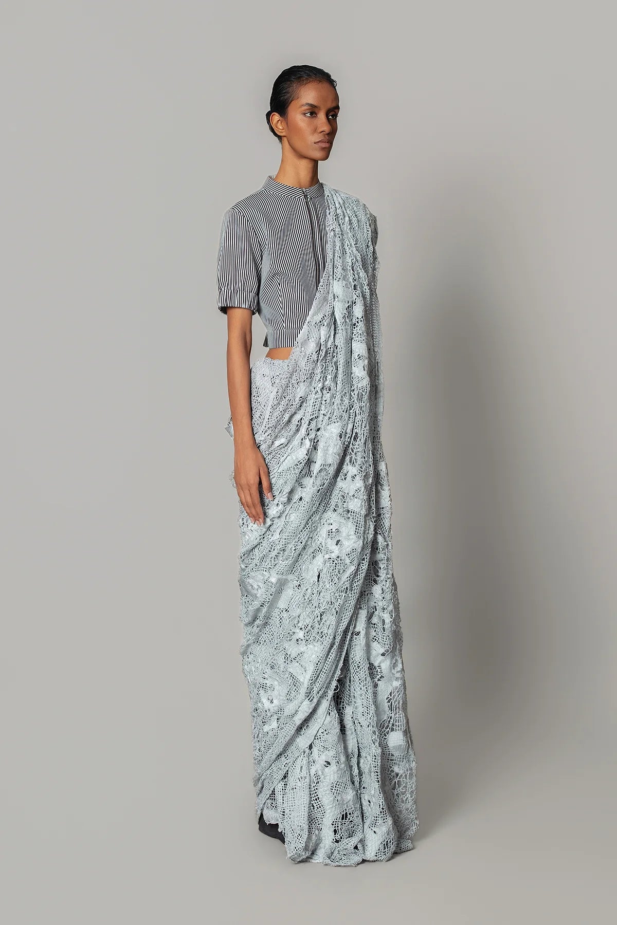 Grey Map Saree With Strip Blouse