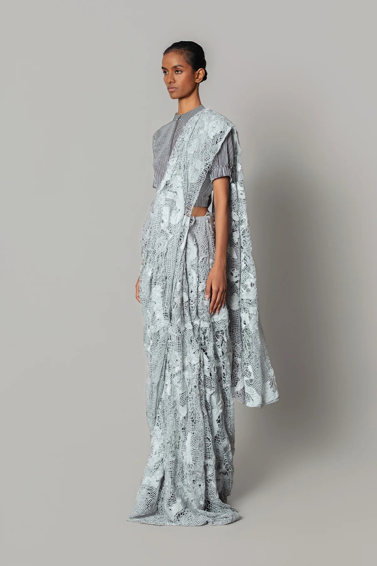 Grey Map Saree With Strip Blouse