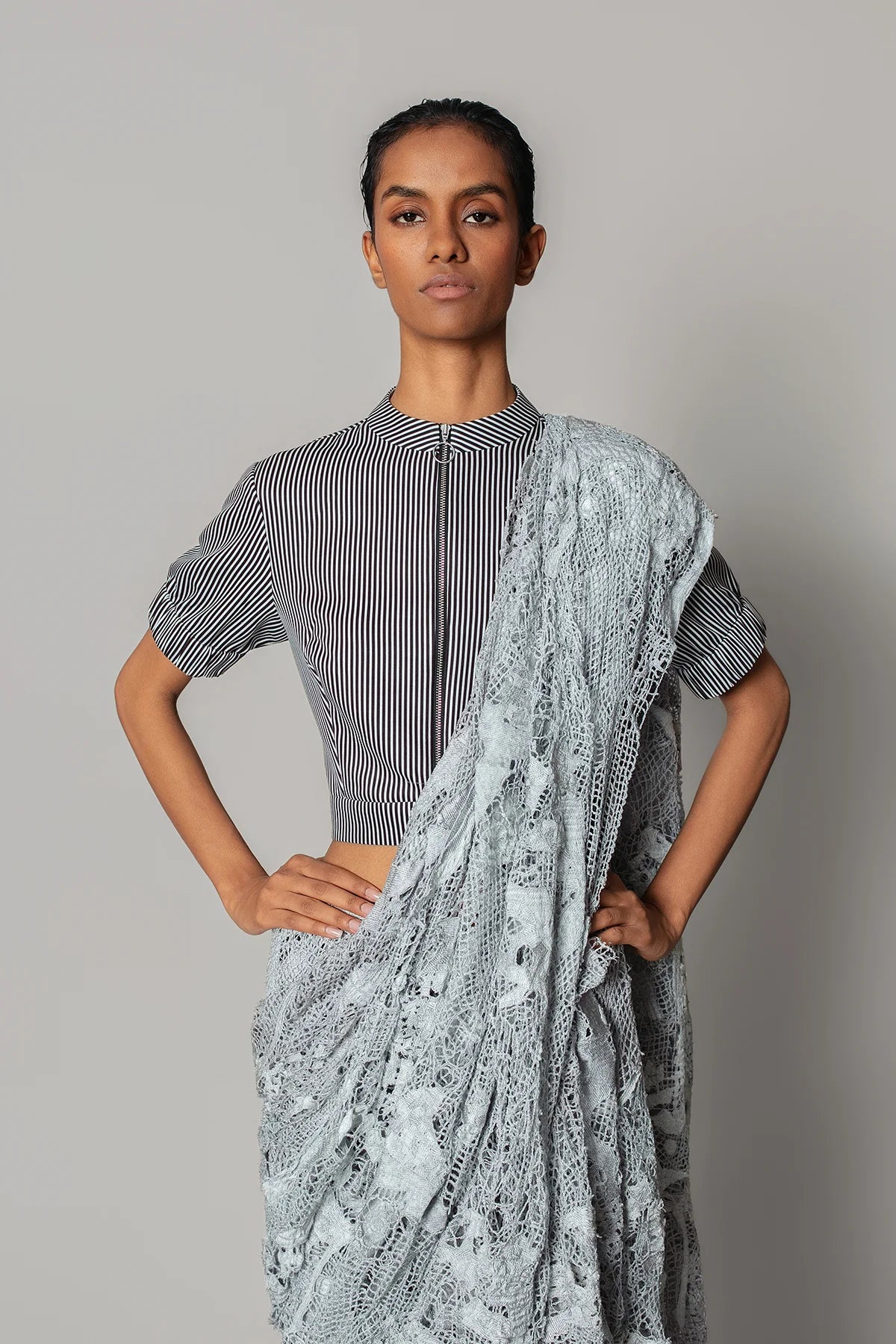 Grey Map Saree With Strip Blouse