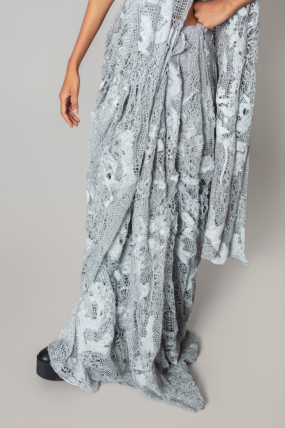 Grey Map Saree With Strip Blouse