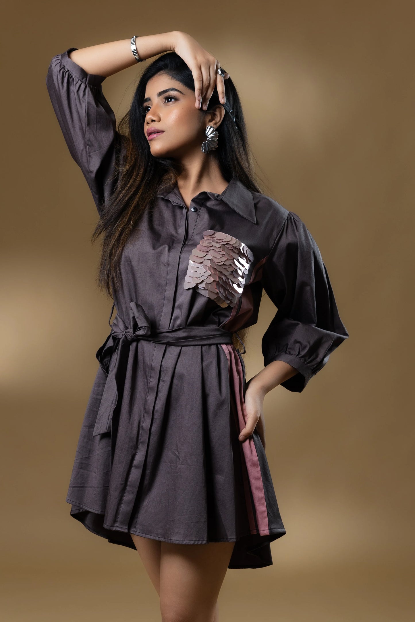 Grey Sequin Pocket Dress