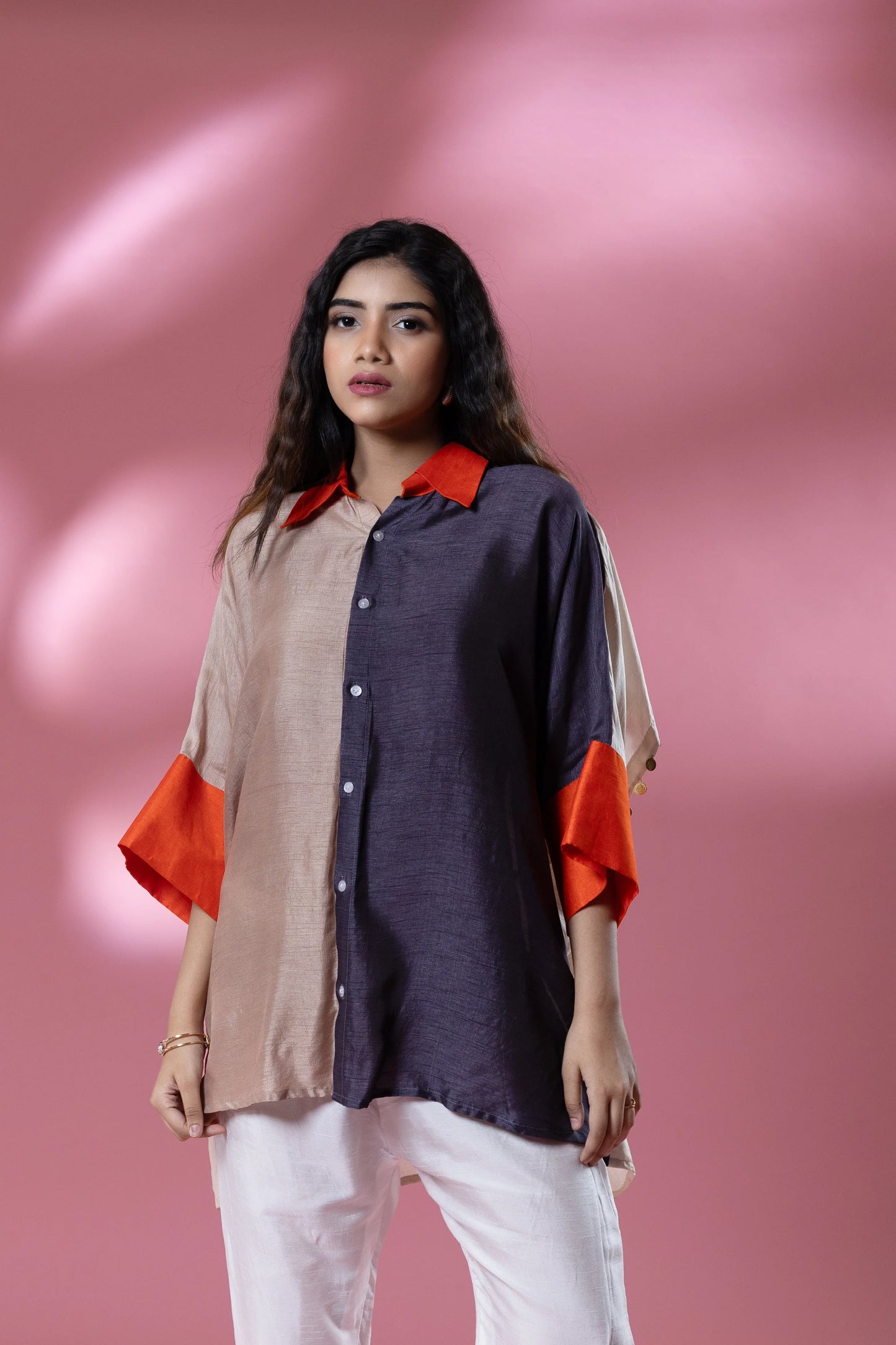 Grey & Beige Boho Stamp Coin Oversized Shirt