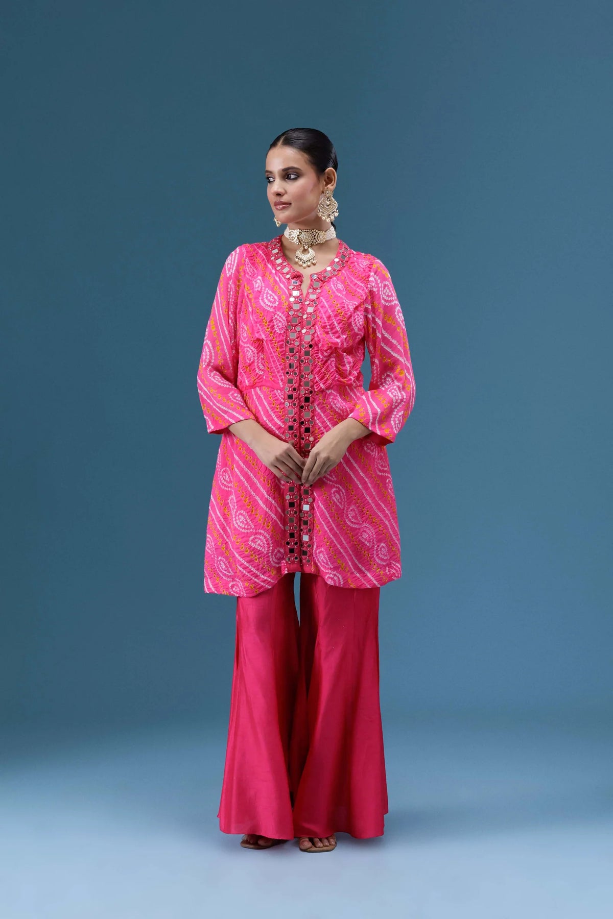 Gulabi Bandhani Mirror Work Co-ord Set