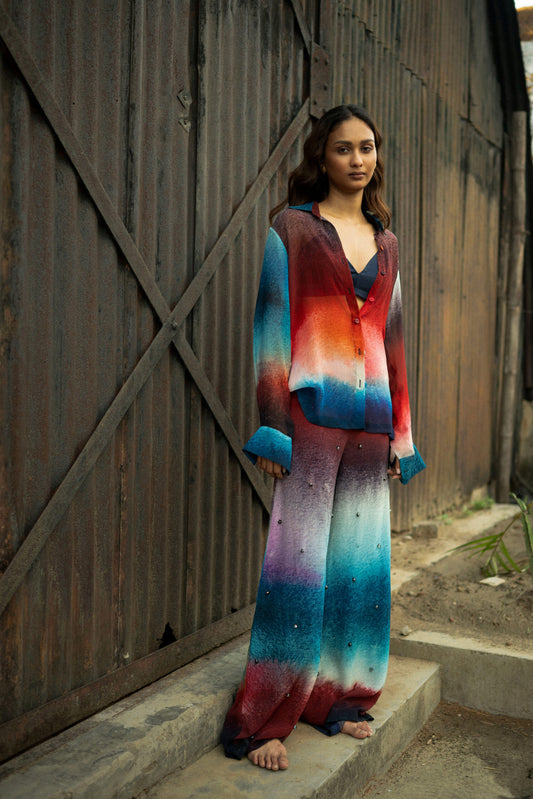 Chiffon Printed Shirt with Embroidered  Printed Pants Dark Shade